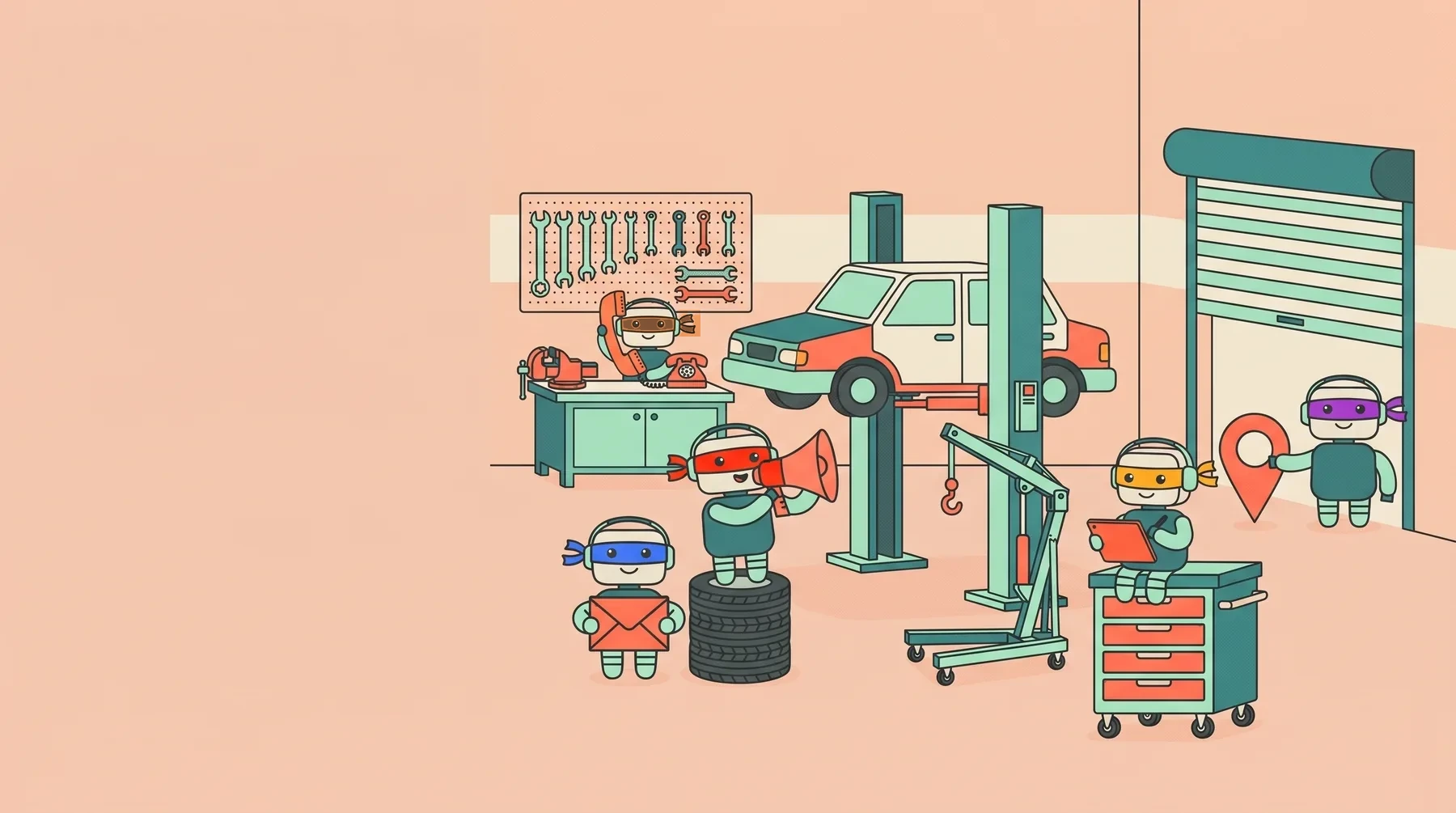 The Nudge crew at work in a repair shop